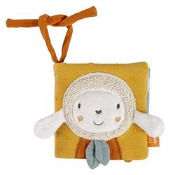 Fehn libro ovejas fehnNATUR, Libro de tela para cochecito, Libro de juguete para bebé con chirriador, papel susurrante y espejo, Libro de tela para bebés y niños pequeños de 0+ meses