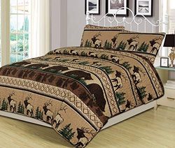 HowPlumb Parure de lit 3 pièces pour très Grand lit, Motif Ours, élan, cabane en rondins Rustique