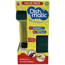 Dishmatic Value Pack Kit – 1 x påfyllningsbart tvättmedelshandtag med 6 x utbytbara svamphuvuden för allmänt bruk – antibakteriellt kökshandtag med enkelt grepphandtag