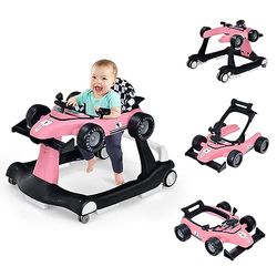 Fantasks 4-i-1 gåhjälpmedel med justerbar höjd och hastighet, baby walker med musiklåda, ljus och hjul, promenadfri, baby från 6 månader, 12 kg lastkapacitet (rosa)