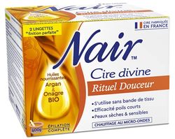 NAIR - Cire Rituel Douceur aux Huiles d'Argan & d'Onagre, spécial Peaux Sèches & Sensibles, Se Retire Sans Bandes, Pot de 400g + 2 Lingettes "Finition Parfaite"