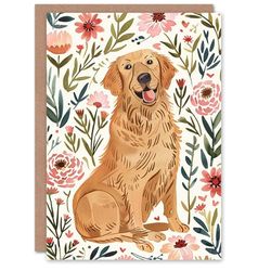 Artery8 Happy Golden Retriever and Pink Flowers Dog Lover For Her Woman Birthday Card