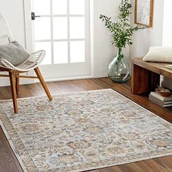 Surya Doha maskintvättbar matta – vintage mattor vardagsrum, kök, sovrum, matsal, utomhus – traditionell orientalisk boho-matstil – stor matta 120 x 170 cm, elfenben, ljusgrå, guld och blå matta