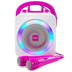 RockJam Máquina de karaoke Bluetooth recargable de 10 vatios con dos micrófonos, efectos de cambio de voz y luces LED - Rosa