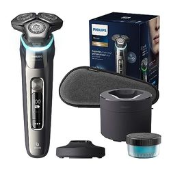 Philips Serie 9000 Afeitadora Eléctrica Hombre, Maquina de Afeitar Barba con Barbero, Lift&Cut, Tecnologia SkinIQ, Inalambrica, Recargable, Centro Limpieza, Base Carga, Funda, S9974/55, Cromo