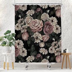 Juego de Cortina de Ducha Floral Negra para baño, diseño de Flores de Rosas oscuras, Bohemio, Victoriano, Primavera, Flores Silvestres, Mujer, Cortina de baño Vintage de 60 x 72 Pulgadas, Tela de