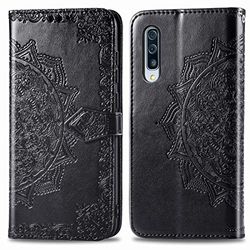 Carcasa de telefono Patrón for Galaxy A30S A medio camino de la mandala de grabación en relieve del cuero del tirón con el sostenedor y ranuras for tarjetas y monedero y la cuerda de seguridad (Negro)