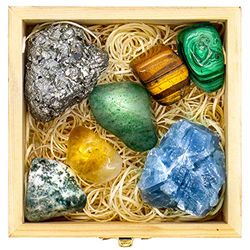 Premium Grade Crystals and Healing Stones for Abundance and Prosperity in Wooden Box - Malachite, Pyrite, Citrine, Aventurine, Blue Calcite, Tree Agate, Tiger's Eye Gemstones + Info Guide