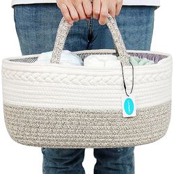 Casaphoria Caddy Organization Woven Cotton Rope Basket storage Caddy or Gift, Soft Circular Basket with Handle, Cotton Material,Light Brown(15.5"x10"x7.5")