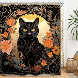 Miyotaa Rideau de Douche imperméable avec 12 Crochets Motif Chat Noir Gothique mystérieux Tarot Sorcière Fleur Plante Botanique 152 x 180 cm