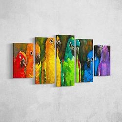 Homemania Afbeelding papegaaien 5 dieren per woonkamer, meerkleurig, 100 x 3 x 60 cm, HM205PKNV-1, polyester, hout