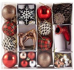 HEITMANN DECO Navidad - Juego de 31 bolas y adornos navideños (piñas de pino, copos, madera de reno, estrellas, etc.) - Decoraciones navideñas rojas, madera y colores naturales, plata, para colgar en el árbol de Navidad