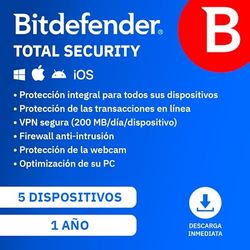 Bitdefender Total Security 2024 | 5 Dispositivos | 1 año | PC/Mac/Móvil | Código de activación enviado por email