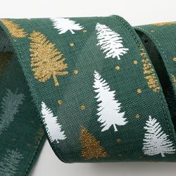 Italian Options 63mm Wide Christmas Ribbon - Glitter Christmas Tree Green Linen (10 Mtr/Wired Edge)