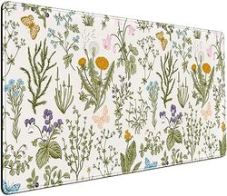 Schattige Bloemen-Bureaumat - Geperste Gedroogde Bloemen Muismat, Neutrale Beige en Salie-Groene XXL Grote Verlengde Gaming Mat, 80x40 cm, voor Laptop, Toetsenbord en Muis - Vrouwen, Kantoor