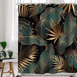 Cinbloo Tenda da doccia con foglie di palma verde smeraldo, 72 x 72 cm, motivo astratto con foglie tropicali dorate, set di tende da bagno moderne con pianta botanica marrone Monstera, decorazione per