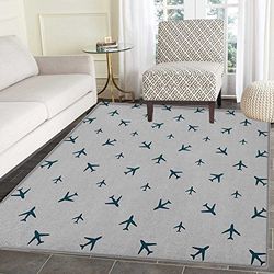 Big deer Airplane Non Slip Rugs Diagonal Stripes with Blue Travel Icons Silhouettes Vacation Aviation Door Mats for Inside Non Slip Backing 5'x6' Petrol Blue Black White