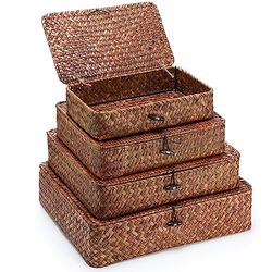 Didaey Lot de 4 paniers de rangement en jonc de mer avec couvercle - Paniers de rangement décoratifs tissés pour étagère, placard, chambre à coucher, 4 tailles (marron foncé)