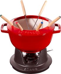STAUB Conjunto de fondue com 6 garfos, para fondue de queijo, chocolate e carne, ferro fundido, vermelho cereja, 20 cm