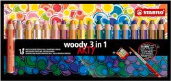 STABILO woody 3-in-1 - Multi-Talented Pencil - ARTY - Pack of 18 - Assorted Colours with Sharpener and Paint Brush