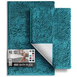 Hearth & Harbor Chenille Bath Mat - Machine Washable, Non-Slip Backing, Quick Dry, Teal, 17x24 & 20x32 inches