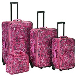 Rockland Impulse 4-Piece Softside Upright Luggage Set, Pink Bandana, (14/19/24/28)