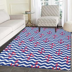 Anchor Print Area Rug Geometric Nautical Design with Zigzag Wavy Backdrop Travel Coastal Indoor/Outdoor Area Rug 3'x4' Violet Blue Dark Coral White