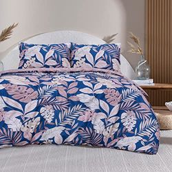 Sleepdown Tropiskt palmträd blommig rodnad rosa marinblå vändbar mjuk lättskött påslakan täcke sängkläder set med örngott - super kung (260 cm x 220 cm)