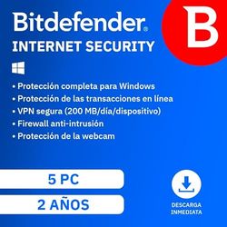 Bitdefender Internet Security 2024 | 5 Dispositivos | 2 años| PC | Código de activación enviado por email