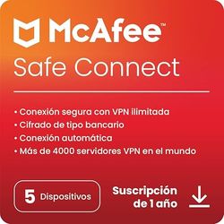 McAfee Software VPN Safe Connect – Software de protección online de red privada virtual - 5 dispositivos | PC/Mac/iOS/Android|Suscripción de 1 año | Código de activación por correo electrónico