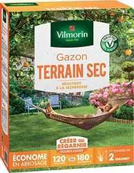 VILMORIN - Gazon Terrain Sec - Résistant à la sécheresse - Économe en arrosage - Premières pousses visibles dès 2 semaines - Pour créer un nouveau gazon/regarnir un gazon ancien - 3 Kg
