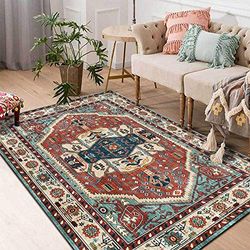 ESOUY Area Rug Extra Large Rectangle Retro Geometric Red Blue Living Room Bedroom Kitchen Carpet 150x170cm