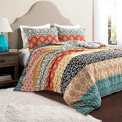 Lush Decor Bohemian Stripe Reversible Cotton Duvet Cover Set, 3 Piece Set, Full/Queen, Turquoise & Orange - Boho Bedding Set - Bold & Colorful - Striped Duvet Cover - Maximalist & Boho Bedroom Decor