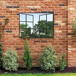MirrorOutlet Kirkby - Black Brown Open Window Garden Wall Mirror 39" X 29" (100CM X 73CM) Silver Mirror Glass with Dark Distressed Black Brown Metal Frame.