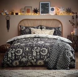 furn. Constellation Duvet Cover Set – Celestial Galaxy Print with Stars & Moons, Reversible Polycotton Bedding (Charcoal/Cream – Super King)