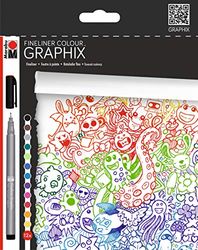 Marabu 014600000100 - Fineliner Graphix, Set Doodle Supreme, 12 schitterende kleuren, lijndikte ca. 0,5 mm, op water gebaseerde pigmentinkt, metalen kunststof punt