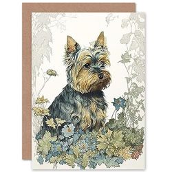 Artery8 Yorkshire Terrier Dog in Wildflowers Watercolour Illustration Art Birthday Sealed Greeting Card Plus Envelope Blank inside