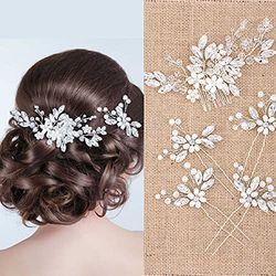 5 Pieces Pearl Wedding Hair Side Comb Crystal Bride Wedding Hair Comb U-shaped Bride Wedding Hair Pins Rhinestone Hair Accessories Pearl Flower Hair Comb for Women and Girls(Argento)