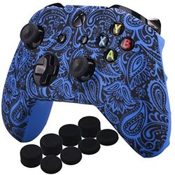 YoRHa Printing Rubber Silicone Cover Skin Case for Xbox One S/X Controller x 1(Flowers&blue) With PRO Thumb Grips x 8