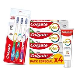 COLGATE - Pack Pasta de Dientes Colgate Total Original 4x100 ml + Cepillos de Dientes Suaves Whole Mouth 3 Unidades, Protección Completa, Dentífrico con Protección Antibacteriana 24h,