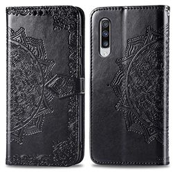 Carcasa de telefono for la Galaxia A70 A Medio Camino Mandala Modelo de estampación del Cuero del tirón Horizontal con el sostenedor y Ranuras for Tarjetas y Monedero y la Cuerda de Seguridad (Negro)