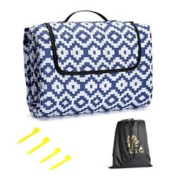 Oak & Tea Coperta da Picnic Impermeabile 200x200 cm Blu e Bianca, Grande Telo Plaid da Picnic Lavabile e Leggero con Manico, per Prato, Spiaggia e Campeggio