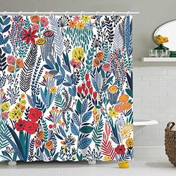 Stacy Fay - Tenda da doccia con motivo floreale, per bagno, impermeabile, con ganci, 170 x 180 cm, colore caldo decorativo, sfondo bianco, foglie blu e fiori