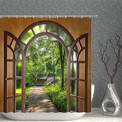 AdaCrazy paarse bloemen groen trapsgewijs over een oude droge steen buitenkant tuin muur natuur landschap douchegordijnen 3D-printen Waterdicht gecoat polyester stof badkamer met 12 haken 71 inch