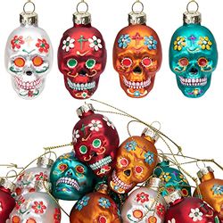 12pcs Day of The Dead Glass Ornaments - Dia De Los Muertos Sugar Skull & Skeleton Head Ornaments for Christmas Tree Hanging Decorations