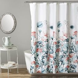 Lush Decor Tenda da doccia Zuri Flora blu e corallo in tessuto con stampa floreale acquerello, 182,9 x 182,9 cm