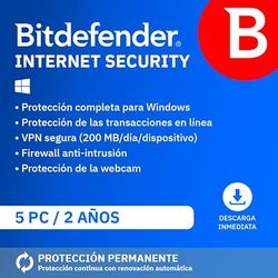 Bitdefender Internet Security 2025 | 5 Dispositivos | 2 Años | PC | Código de activación por email | Renovación automática