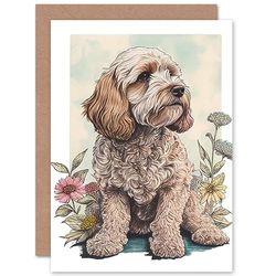 Artery8 Cockapoo Dog with Spring Wildflowers Soft Watercolour Illustration Art Birthday Sealed Greeting Card Plus Envelope Blank inside