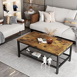 Hooseng Industriële Salontafel met Zwart Metalen Frame Woonkamer Tafel Met Metalen Mesh Plank