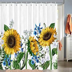 DYNH Sonnenblumen-Duschvorhang, gelbe Sonnenblume mit grünen Blättern, gelber Duschvorhang, Bauernhaus-Duschvorhang-Set, floraler Duschvorhang für Badezimmer, Stoff-Duschvorhang-Haken, 178 cm